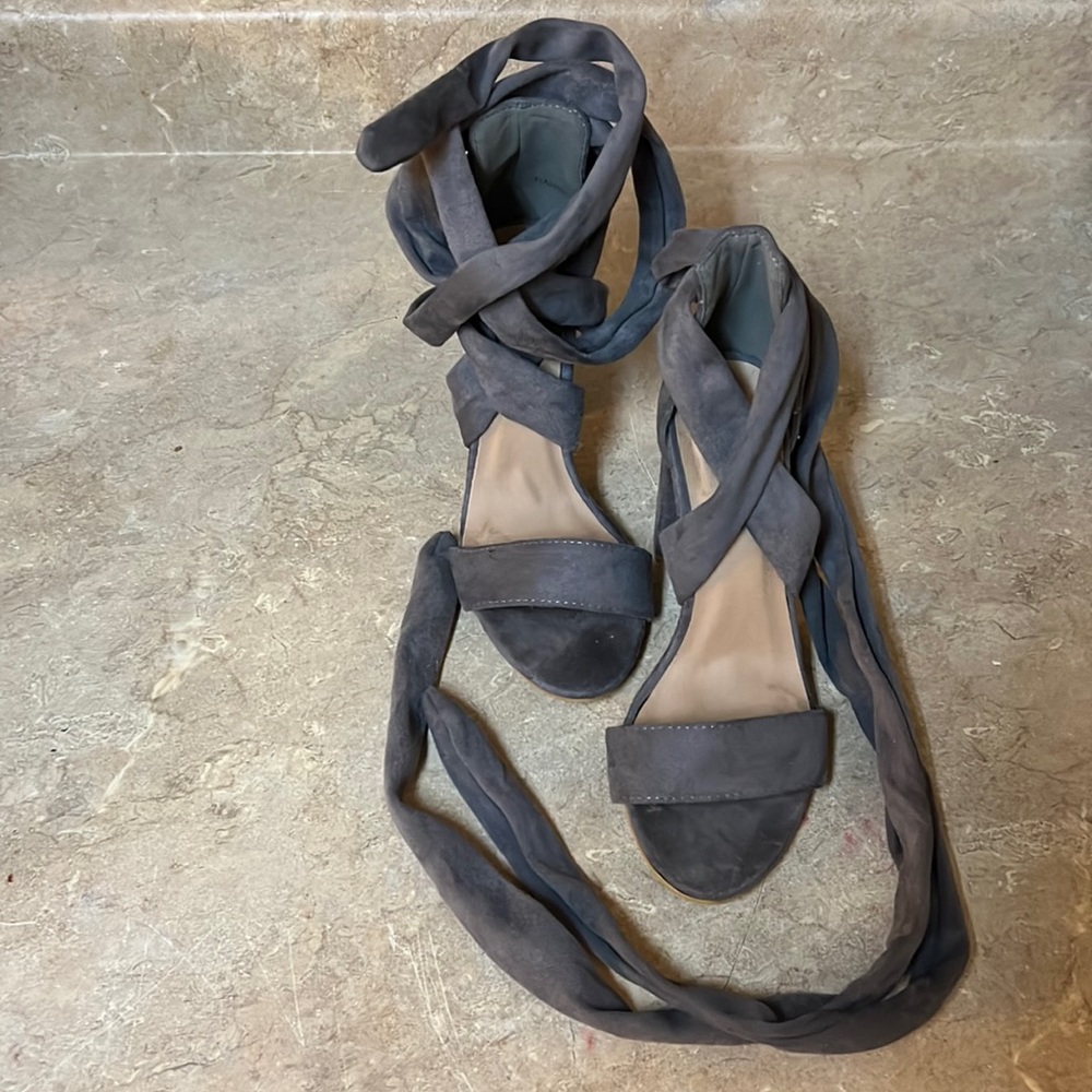 Grey suede tie up chunky heeled pumps